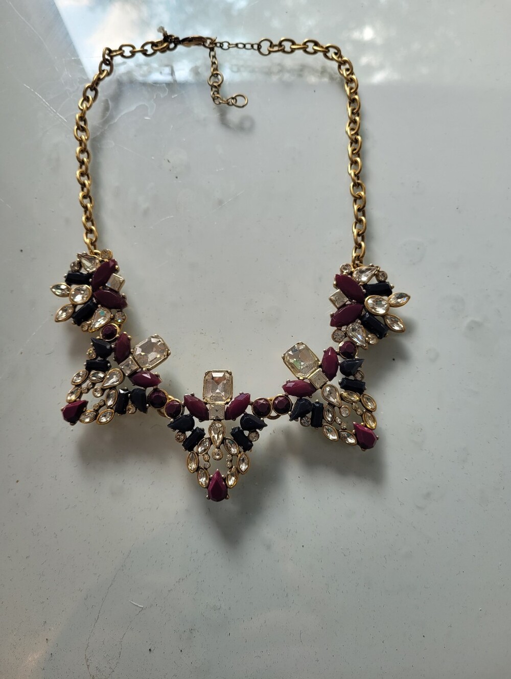 J. Crew Gold Statement Necklace with Burgundy and Black Gem Accents